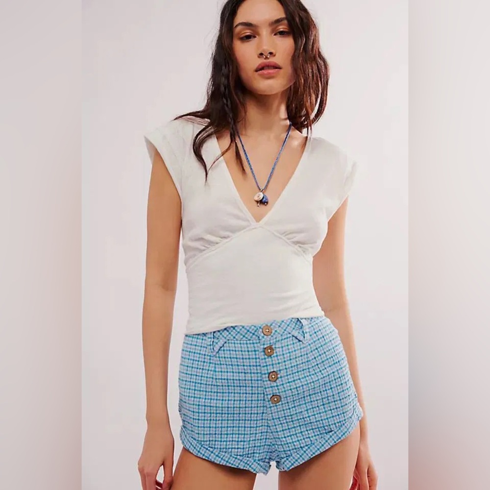 NWOT! Free People FP Checked Out Plaid Linen Blend Micro Shorts, SZ 6